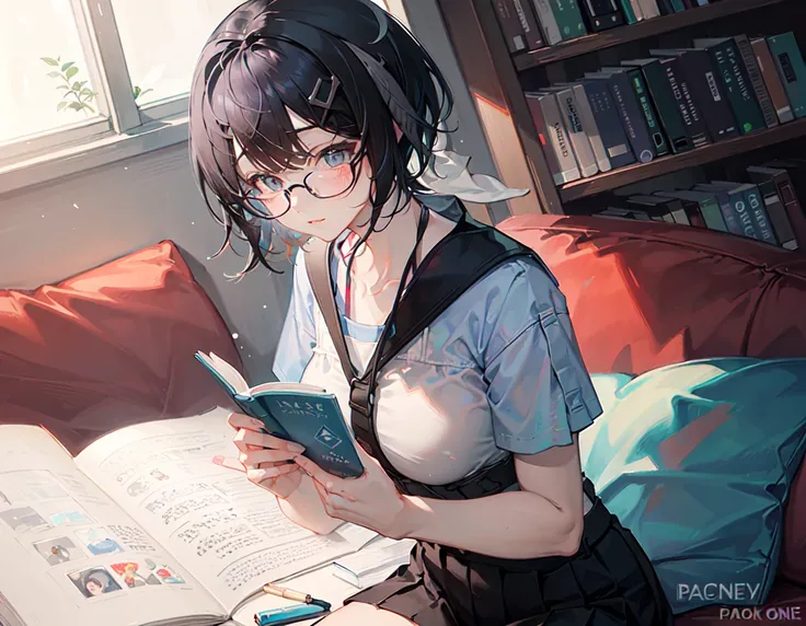 (Simple and clean style:1.5),(masterpiece), 8k wallpaper, illustration,1 girl, (solo:1.6),(La Pluma:1.15), (black short hair:1.5), ribbon,(glasses), standing, reading book, in library, (look at book:1.4),[warm light], (bookshelf), (book stack), [white shirt|blouse], [high waist skirt], (pleated), (flared), (silver buckle), [black stockings], (loafers), [silver frame glasses], [slight smile], [(gazing)|(looking down)], (dynamic angle), (no light), (night:1.3), [(book cover visible)|(book title visible)], (silent atmosphere), (peaceful), [(serene)|(thoughtful)], (bookworm), (nerd)