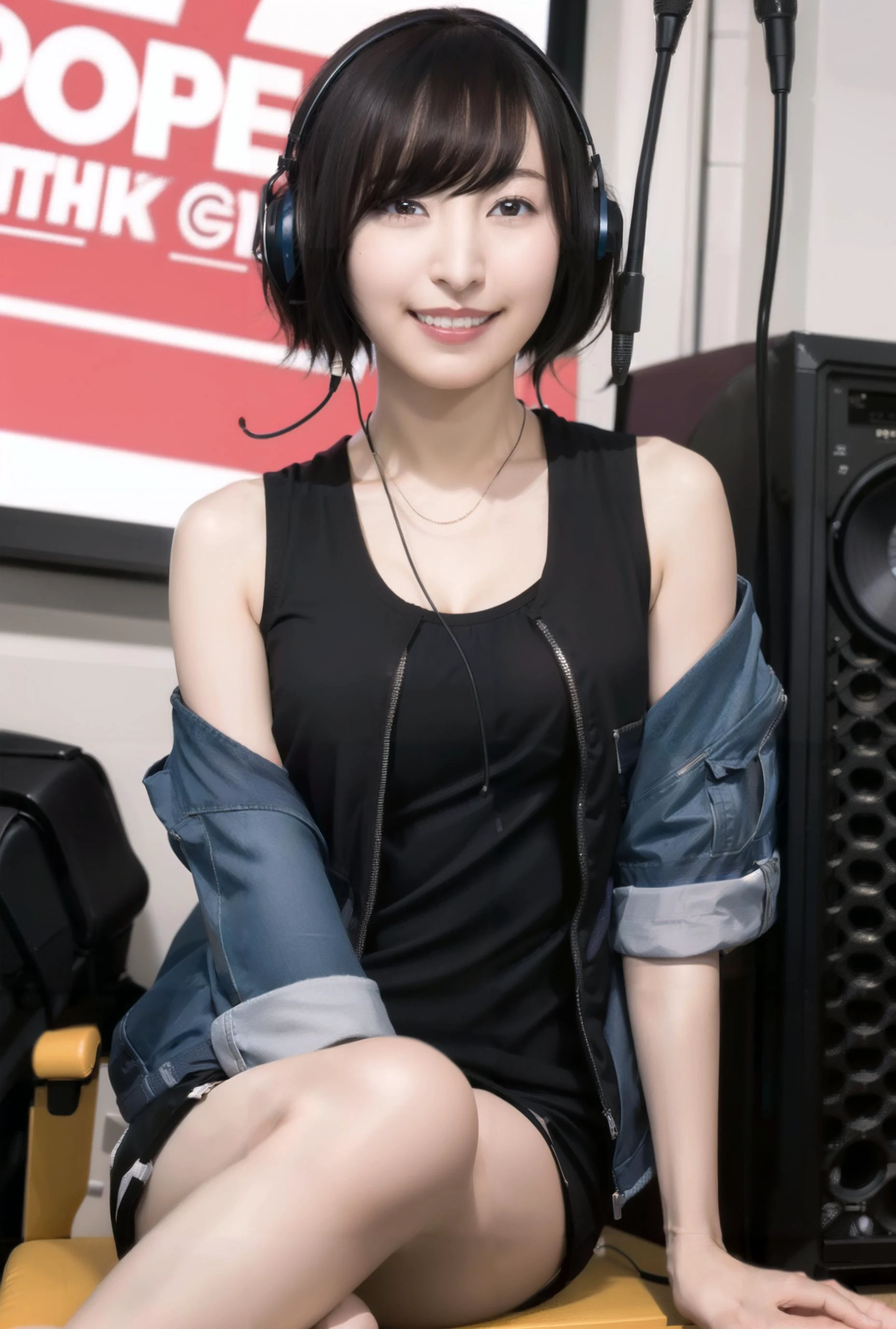 <lora:sakuraayane_lora:1.0>, ayane sakura, open jacket, tanktop, radio station, headphones, microphone, sitting in chair, smile,