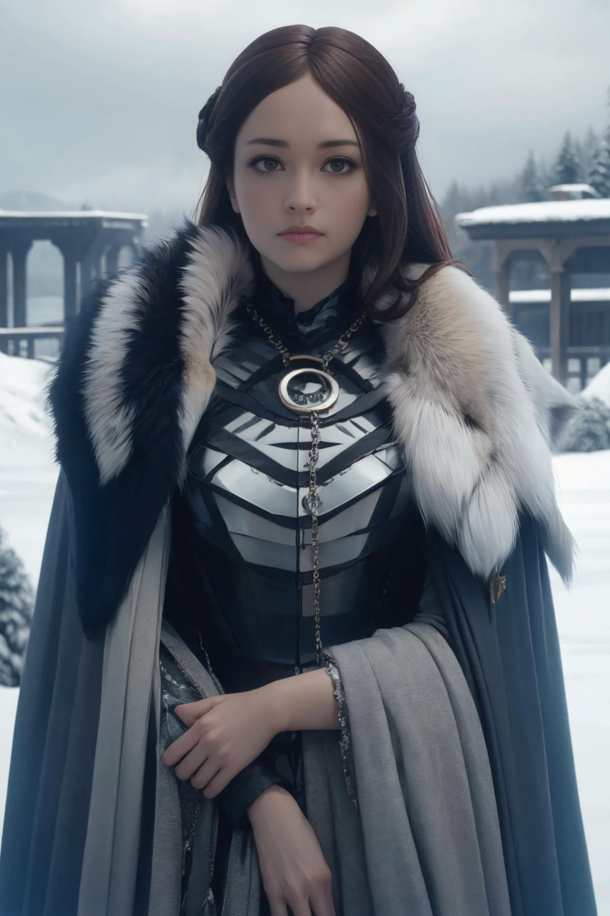 (ultra realistic,32k,RAW photo:1.1),(high detailed skin:1.1), 8k uhd, dslr, high quality, film grain, beautiful adult woman, solo, alic3nt, armor, cloak, fur trim, (necklace chain leash), photogenic, cincher, best quality, high detail, high quality, high res, 4k, Brown hair braids, long hair, winter, winterfell, castle, extremely snowy, blizzard, realistic snow, cloudy day, game of thrones,