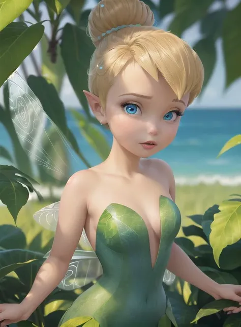 TinkerBell, long wings, green clothes, hair bun, pointy ears, blue eyes,
masterpiece, 8k, perfect ligthing, looking at viewer, cinematic lighting, extreme close-up, (TinkerBell:1.5), (TinkerBellWaifu:1.1), single hair bun, (green clothes), ((clothes made from leaves)), (fairy wings:1.2), pointy ears, blue eyes, (detailled eyes:1.2), <lora:TinkerBellDisney-06:0.7>