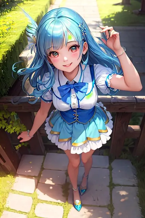 masterpiece, best quality, looking_at_viewer, depth_of_field, smile, from above, full body, 1girl, feather hair ornament, shorts under skirt, blue shorts, sidelocks, bowtie,