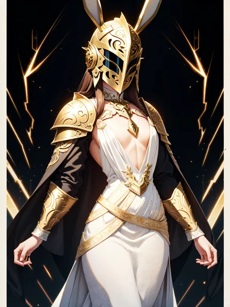 (((masterpiece, best quality, absurdres, highly detailed, intricate details, high resolution, realistic, 3d))), 1girl, solo, front view, ((close up)), full body, ((big breasts)), (((medium angle:1.3, chest level shot:1.7))), (((white helmet with golden patterned elements))), gorgeous, (((white royal dress:1.3))), extremely opulent, (((face is covered by closed symmetric knight's mask made out of patterned hyperdetailed golden elements))), ((small golden bunny ears on top front of helmet)), golden patterned earrings, high quality, ((brown hair)), hair peeking out on the sides of the helmet, (((covered chest))), opera, xianxia, atmospheric, superiority, awe, <lora:epiNoiseoffset_v2:1>, dark, rim lighting, two tone lighting, dimly lit, low key, reflections on metal, glare, optical flares, chromatic abberation, sparks, light rays,