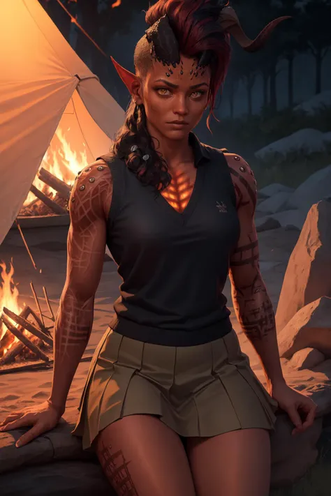 (masterpiece, best quality), outdoors, campfire, tent, bedroll, cowboy shot, 1girl, solo, Karlach, demon girl, colored skin, red skin, scars, slit pupils, <lora:Karlach_V1-Manityro-Dadapt:1.0>, muscular, sweater vest, skirt, collared shirt,