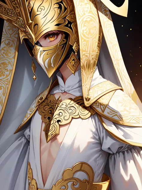 (((masterpiece, best quality, absurdres, highly detailed, intricate details, high resolution))), 1girl, solo, front view, ((close up)), upper body, (((medium angle:1.3, chest level shot:1.7))), beautiful hyperdetailed eyes, orange eyes, arknights, (((white helmet with golden patterned elements))), gorgeous, (((white royal dress:1.3))), extremely opulent, (((half face is covered by symmetric knight's mask made out of patterned golden elements))), ((small golden bunny ears on top front of helmet)), golden patterned earrings, pope, headpiece, high quality, brown hair on the sides peeking out from under the helmet, (((big covered chest))), opera, xianxia, atmospheric, superiority, awe,