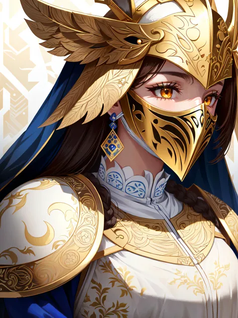 (((masterpiece, best quality, absurdres, highly detailed, intricate details, high resolution))), 1girl, solo, front view, ((close up)), upper body, (((medium angle chest level shot))), beautiful hyperdetailed eyes, orange eyes, arknights, (((white helmet with golden patterned elements))), gorgeous, (((white royal dress:1.3))), extremely opulent, (((half face is covered by symmetric knight's mask made out of patterned golden elements))), ((golden small bunny ears on front of helmet)), golden patterned earrings, pope, headpiece, high quality, brown hair on the sides peeking out from under the helmet, (((big covered chest))), opera, xianxia, atmospheric, superiority, awe,