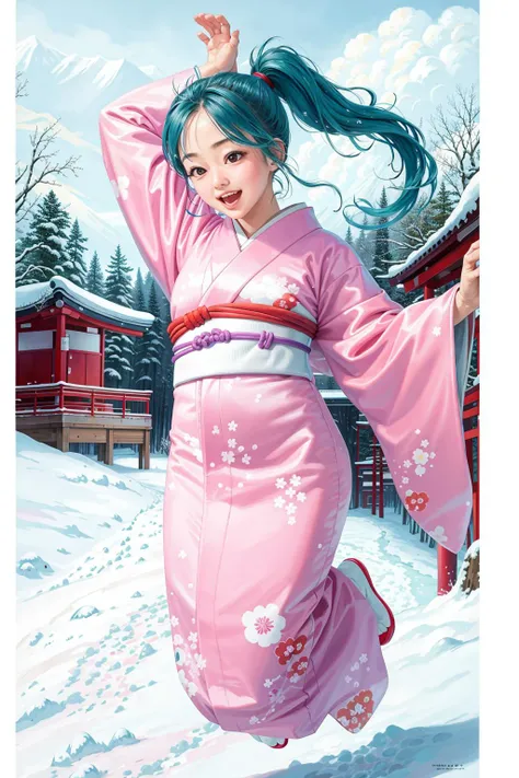 masterpiece, best quality, ultra-detailed, (RAW photo, realistic, photo), 1girl<lora:botanYuYuHakusho_v10:0.75>, ponytail, kimono, japanese clothes, slender, jumping in snowy field, fun, happy, arms up, snowy japanese shrine, (realistic), film grain