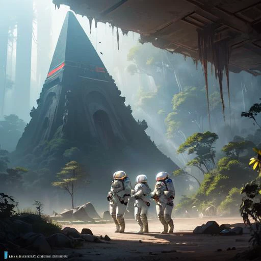 ((best quality)), ((masterpiece)), ((ultra realistic)), majestic intricately detailed soft oil painting trending on art station, Majestic vast and beautiful alien landscape, (scifi explorers wearing space suits walking through and alien jungle:1.6), vast waterfall, rainbow color palette, (distant sprawling ancient Alien metal|Aztec pyramid in the distance),depth of field, film grain, smooth, roughness, real life, dramatic cinematic lighting, soft edge lighting, (bloom:1.2), (vibrant colors:1.3), photographed on a Canon EOS R5, 50mm lens, F/2.8, HDR, professional, dramatic cinematic lighting, cinematic Film still from the lord of the rings|krull|cannibal holocaust|mass effect, (cinematic style:1.5)