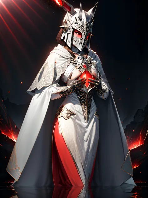 (((masterpiece, best quality, absurdres, highly detailed, intricate details, high resolution, realistic, 3d))), 1girl, female, solo, front view, ((full body)), (((tits))), (((big tits))), covered tits, (((big covered chest))), (((mid angle:1.3, chest level shot:1.7))), (((white helmet with silver patterned elements))), gorgeous, (((white royal dress:1.3))), extremely opulent, (((face is covered by closed symmetric knight's mask made out of patterned hyperdetailed silver elements))), ((small silver bunny ears on top front of helmet)), silver patterned earrings, high quality, ((brown hair)), hair peeking out on the sides of the helmet, opera, xianxia, atmospheric, superiority, awe, <lora:epiNoiseoffset_v2:1>, (((red light, dark, red rim lighting, dimly lit, low key, reflections on metal, glare, optical flares, chromatic abberation:1.4, red sparks, red light rays, shiny, red glow, emitting))), ((elden ring aesthetic, cloak behind the back))