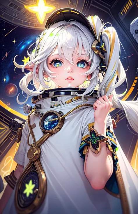 masterpiece, best quality, close-up, space, astronaut, silver hair, yellow eyes, messy hair, space helmet,colorful stars, radiant light, heterochromia, big lips, blue eyes, <lora:Nahida3:1>