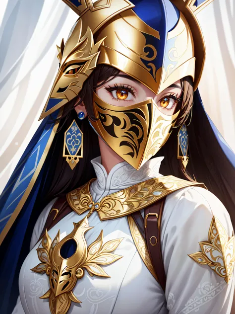 (((masterpiece, best quality, absurdres, highly detailed, intricate details, high resolution))), 1girl, solo, front view, ((close up)), upper body, (((medium angle chest level shot))), beautiful hyperdetailed eyes, orange eyes, arknights, (((white helmet with golden patterned elements))), gorgeous, (((white royal dress:1.3))), extremely opulent, (((half face is covered by symmetric knight's mask made out of patterned golden elements))), ((golden small bunny ears on front of helmet)), golden patterned earrings, pope, headpiece, high quality, brown hair on the sides peeking out from under the helmet, (((big covered chest))), opera, xianxia, atmospheric, superiority, awe,