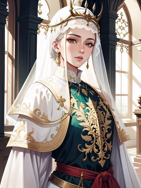 (((masterpiece, best quality, absurdres, highly detailed, intricate details, high resolution))), a close up of a person wearing a costume, jc leyendecker and sachin teng, arknights, extremely opulent, pretty aquiline nose, armored, bunny, pope, headpiecehigh quality, big chest, trans rights, warforged, carriage, opera, xianxia, white transparent veil, hannibal, guard, somewhat androgenic