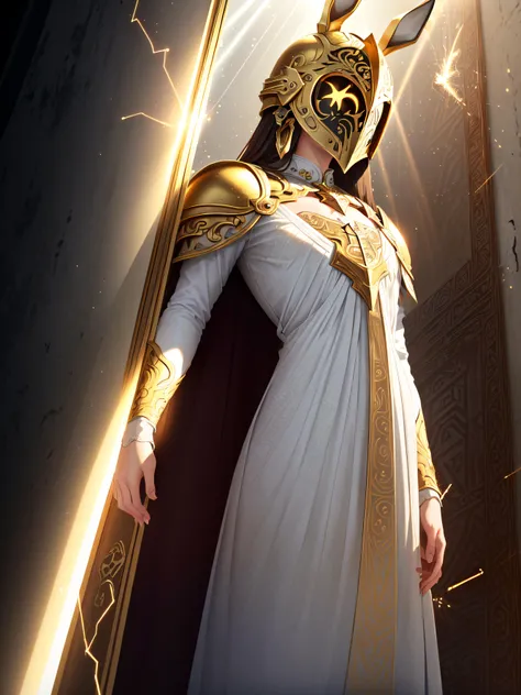 (((masterpiece, best quality, absurdres, highly detailed, intricate details, high resolution, realistic, 3d))), 1girl, female, solo, front view, full body, breasts, (((big covered breasts))), (((medium angle:1.3, chest level shot:1.7))), (((white helmet with golden patterned elements))), gorgeous, (((white royal dress:1.3))), extremely opulent, (((face is covered by closed symmetric knight's mask made out of patterned hyperdetailed golden elements))), ((small golden bunny ears on top front of helmet)), golden patterned earrings, high quality, ((brown hair)), hair peeking out on the sides of the helmet, opera, xianxia, atmospheric, superiority, awe, <lora:epiNoiseoffset_v2:1>, (((dark, rim lighting, two tone lighting, dimly lit, low key, reflections on metal, glare, optical flares, chromatic abberation, sparks, light rays))),