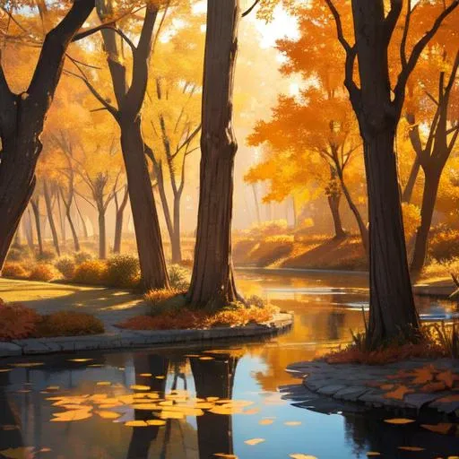 In the Whimsical Mirage surrounded by Illusionary Sands,A tranquil pond reflects the golden hues of autumn leaves,moody lighting