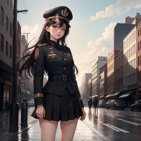 1girl tall, solo, masterpiece, highly detailed, intricate details, high resolution, clouds, sky, in army officer suit, shirt skirt, long black jacket, background city streets.