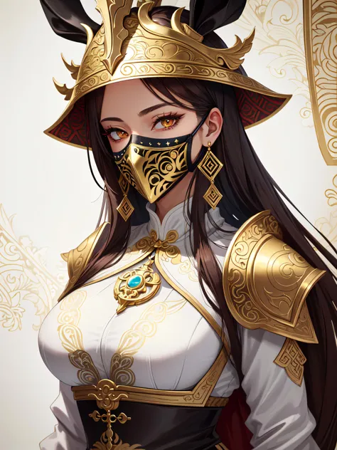 (((masterpiece, best quality, absurdres, highly detailed, intricate details, high resolution))), 1girl, solo, front view, close up ((white costume)), upper body, ((cam is at belly level, cam is aimed at face)), beautiful hyperdetailed eyes, orange eyes, jc leyendecker and sachin teng, arknights, a white helmet with gold patterned decorations, gorgeous, extremely opulent, most of the face is covered by patterned gold elements descending from the helmet and forming a mask with a cutout for the eyes, armored, golden bunny year formed on top front of helmet, golden patterned earrings, pope, headpiece, high quality, brown hair on the sides peeking out from under the helmet, ((big covered chest)), opera, xianxia