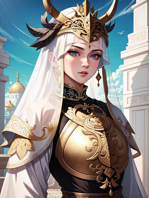 (((masterpiece, best quality, absurdres, highly detailed, intricate details, high resolution))), front view, a close up of a person wearing a costume, ((cam is at belly level, face-on)), beautiful hyperdetailed eyes, jc leyendecker and sachin teng, arknights, gorgeous, extremely opulent, pretty aquiline nose, armored, bunny, pope, headpiece, high quality, big chest, warforged, carriage, opera, xianxia, white transparent veil, hannibal, guard