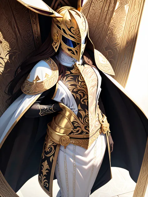 (((masterpiece, best quality, absurdres, highly detailed, intricate details, high resolution, realistic, 3d))), 1girl, solo, front view, ((close up)), full body, big breasts, (((medium angle:1.3, chest level shot:1.7))), (((white helmet with golden patterned elements))), gorgeous, (((white royal dress:1.3))), extremely opulent, (((face is covered by closed symmetric knight's mask made out of patterned hyperdetailed golden elements))), ((small golden bunny ears on top front of helmet)), golden patterned earrings, high quality, ((brown hair)), hair peeking out on the sides of the helmet, (((covered chest))), opera, xianxia, atmospheric, superiority, awe, <lora:epiNoiseoffset_v2:1>, dark, rim lighting, two tone lighting, dimly lit, low key, reflections on metal, glare, optical flares, chromatic abberation