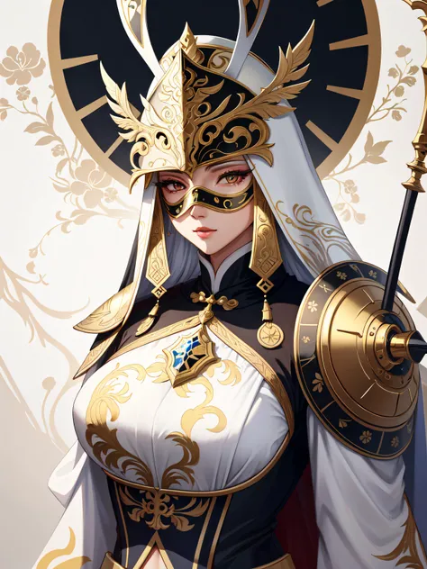 (((masterpiece, best quality, absurdres, highly detailed, intricate details, high resolution))), 1girl, solo, front view, close up ((white costume)), upper body, ((cam is at belly level, cam is aimed at face)), beautiful hyperdetailed eyes, orange eyes, jc leyendecker and sachin teng, arknights, a white helmet with gold patterned decorations, gorgeous, extremely opulent, most of the face is covered by patterned gold elements descending from the helmet and forming a mask with a cutout for the eyes, armored, golden bunny year formed on top front of helmet, pope, headpiece, high quality, ((big covered chest)), warforged, carriage, opera, xianxia, hannibal, guard