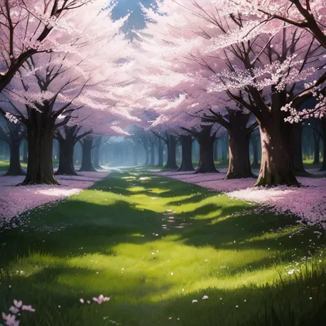 At the Moonshadow Glade within the Verdant Mystic Forest,A field of cherry blossoms bursts into bloom in the spring,Ambient lighting