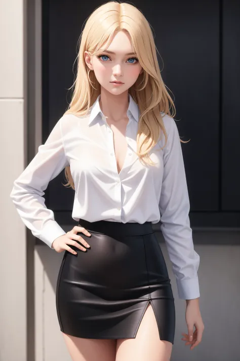 (masterpiece, best quality:1.3), 1girl, nice hands, <lyco:envybetterhandsLocon_beta2:1.0>, cowboy shot of [Erin Moriarty|Mischa Barton] 18yo, blond long hair, blue eyes, front layers hairstyle, wear a slit skirt,unbutton,black pencil skirt,white shirt,university,fair thigh,