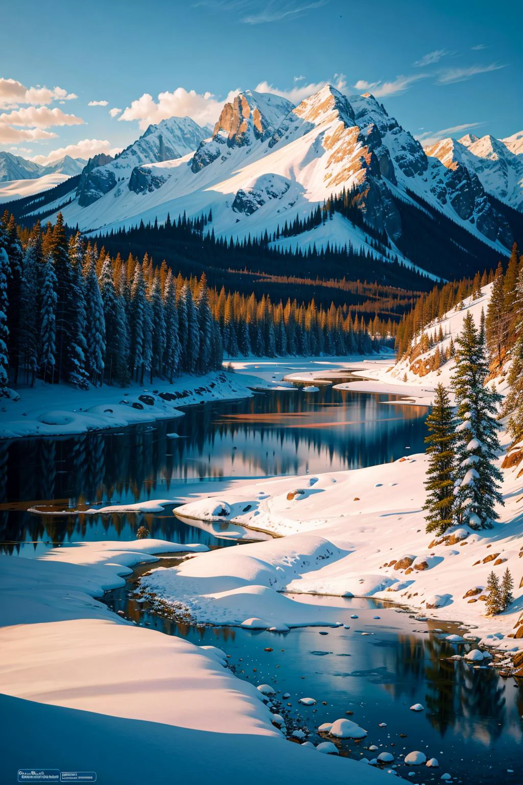 masterpiece, best quality, ultra-detailed, (RAW photo, realistic, photo), snowy covered mountains, frozen lake, light rays, hdr, serene, quiet, winter, snow, clouds, sun, forrest, river, panorama, adventure, great outdoors, cold, 8k uhd, dslr, (realistic), film grain