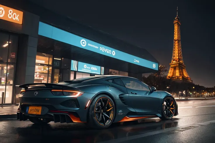 A realistic illustration of a futuristic luxury sport s car in paris, france. Night time and windy weather. Ultra detailed, 8K, HDR, Octane Render, Redshift, Unreal Engine 5. Professionally color graded, atmosphere, amazing depth, rich colors, powerful imagery, psychedelic overtones, 4K, 8K.