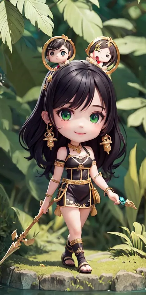 (masterpiece),(best quality),(ultra-detailed), intricate design, (full body:1.2), 1girl in amazonian forest, (chibi:1.1), cute, smile, [(black hair)], [(green eyes)], primitive jewelry, traditional amazon revealing clothing, holding spear, seductive posture, (beautiful detailed face), (beautiful detailed eyes), fighting a wild animal, <lora:blindbox_V1Mix:1>