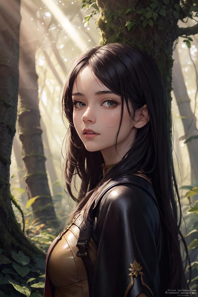 beautiful druid girl from a fantasy story standing in a sunbeam lit forest, fantasy leather cloth clothing, epic style, octane render, forest composition, beautiful face, hyperrealistic, oil on canvas, award-winning, masterpiece, trending on artstation, by Studio Ghibli
