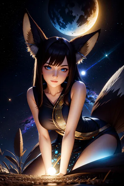 (masterpiece, extremely detailed), (realistic eyes, realistic pupils), mushroom moon, factorial, iridescent dress, glowing stars, digital illustration, fractale, glowing stars, defraction spikes, chromatic aberration, bloom AND (glowing, holofoil:0.6), yellow eyes, fox ears, fox tail, fox girl, mature, half-closed eyes, dark hair, 
<lyco:GoodHands-beta2:1.0>, 
[by ShereKhanRomeo:0]