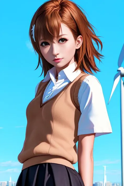 (masterpiece:1.5), illustration, 4k, 8k, (high quality:1.1), highly detailed, detailed face, HDR, vivid colors, <lora:kuukow:0.9>, <lora:misaka:0.7>, misaka mikoto, brown hair, (brown eyes:1.6), eyebrows_visible_through_hair, 1girl, white_flower, sweater_vest, small breasts, finely detailed hair, skirt, looking at viewer, skyscrapers, wind mills, highly detailed eyes, beautiful eyes