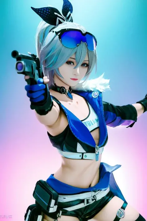 (masterpiece:1.5), illustration, 4k, 8k, (high quality:1.1), highly detailed, detailed face, HDR, vivid colors, <lora:kuukow-000001:1>, <lora:silver wolf:0.8>, silver_wolf, bronya_zaychik, cosplay, gloves, eyewear_on_head, fur_collar, outstretched hand, accurate hand anatomy, holding pistol, looking at viewer