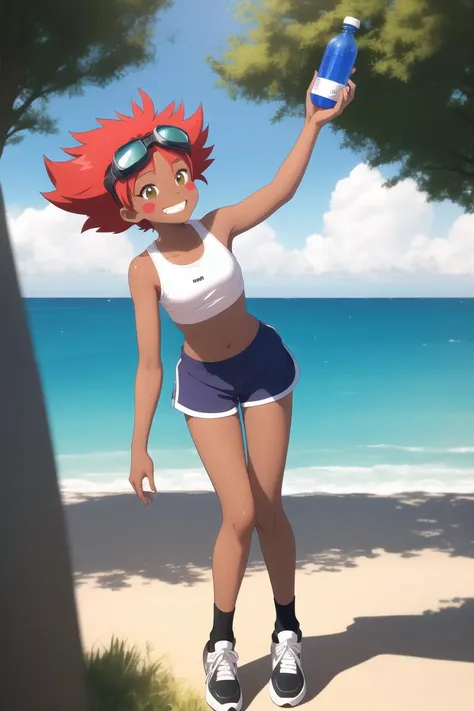 best quality, masterpiece, highres, animation,  1girl, solo, bottle,  sneakers, sports bra, shoes, water bottle, shorts, dark skin, watch, midriff, outdoors ,  <lora:Edward:1>, edward, short hair, red hair, dark skin, solo, smile, dark-skinned female, blush stickers, goggles, goggles on head, standing, breasts, trees, sea, one leg up