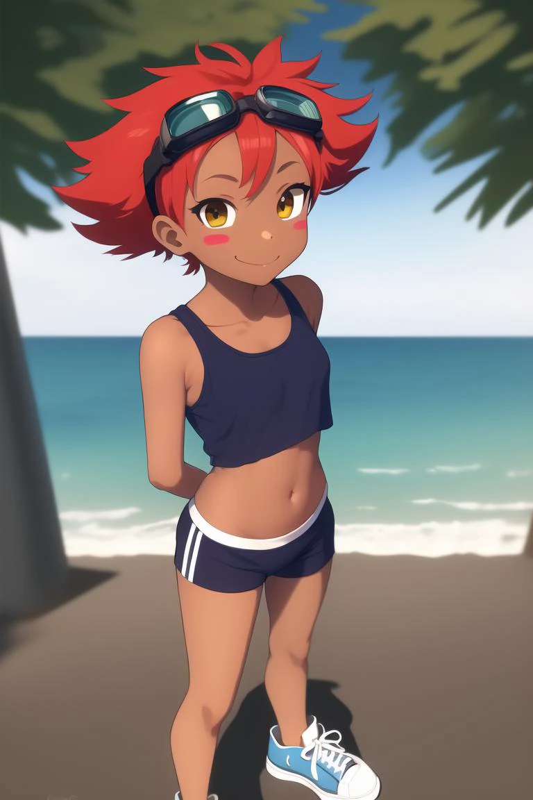 best quality, masterpiece, highres, 1girl, solo, bottle, sneakers, sports bra, shoes, water bottle, shorts, dark skin, watch, midriff, outdoors , <lora:Edward:1>, edward, short hair, red hair, dark skin, solo, smile, dark-skinned female, blush stickers, goggles, goggles on head, standing, breasts