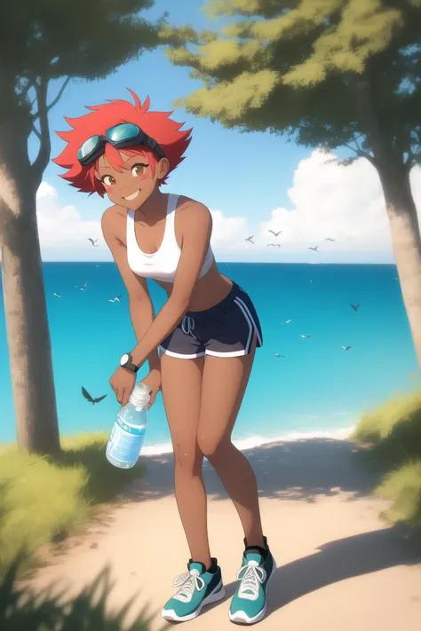 best quality, masterpiece, highres, animation,  1girl, solo, bottle,  sneakers, sports bra, shoes, water bottle, shorts, dark skin, watch, midriff, outdoors ,  <lora:Edward:1>, edward, short hair, red hair, dark skin, solo, smile, dark-skinned female, blush stickers, goggles, goggles on head, standing, breasts, trees, sea, one leg standing, grass, birds