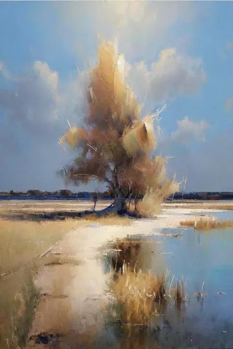 (masterpiece, realistic:1.3), reeds, steppes, (dry salt lakes:0.9),(withered tree:0.7), landscape, oil painting, detailed, 4k texture, <lora:bichu-v0612:0.7>, August,