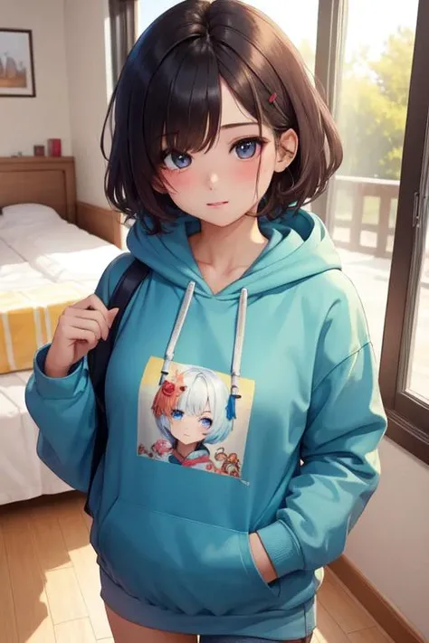 (masterpiece, best quality), 1girl, cute girls, hoodie, one has short hairs covering her one eye, in your room,indoor
