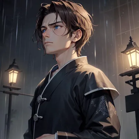 absurdres, ultra detailed, masterpiece, ethereal, moonlight, warm lighting, night sky, many stars, black haori, brown hair, stubble, man standing in the pouring rain, somber expression, standing roadside, head downward, sad, blue eyes, looking up, face focus, clenched fists, arms down