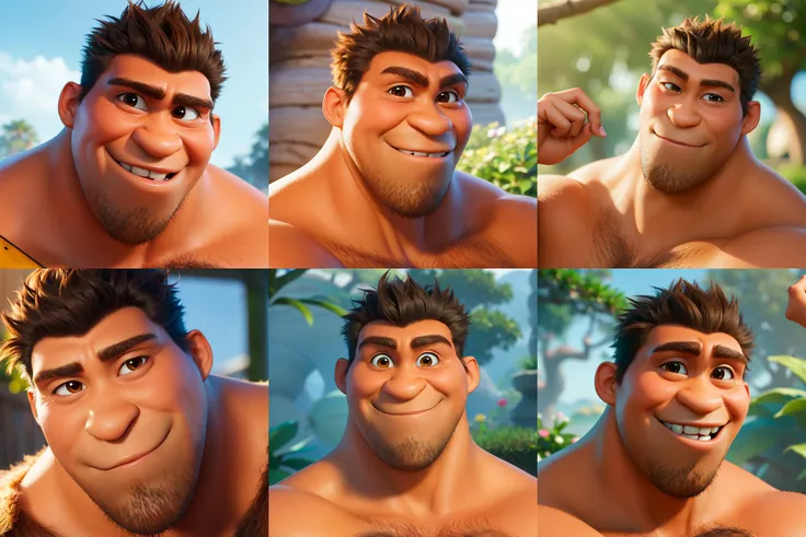 <lora:Grug_Crood_05:0.6>
(masterpiece), (best quality),
1boy, Grug_Crood, solo, primitive, short hair, big nose, muscle, (happy:1.3),
(shirtless:1.3), portrait close-up,
PIXAR, CARTOON, (Smooth:1.2),