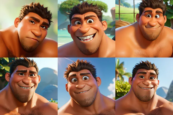 <lora:Grug_Crood_05:0.6>
(masterpiece), (best quality),
1boy, Grug_Crood, solo, primitive, short hair, big nose, muscle, (happy:1.3),
(shirtless:1.3), portrait close-up,
PIXAR, CARTOON, (Smooth:1.2),