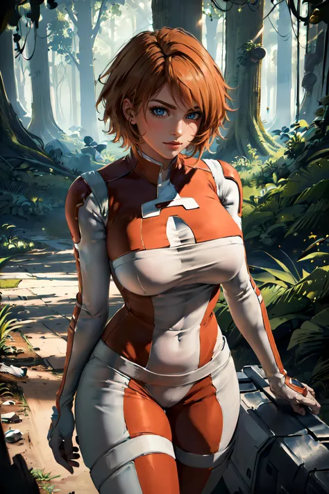 (masterpiece, best quality, ultra detailed, absurdres:1.5), 1girl, (sexy, beautiful woman, perfect face, perfect eyes, perfect female body, large breasts:1.5), (measuvi, short hair, orange hair, <lora:MEASuvi:0.8>), (standing, outdoors, forest, spaceship in background), perfect lighting, smooth, hdr