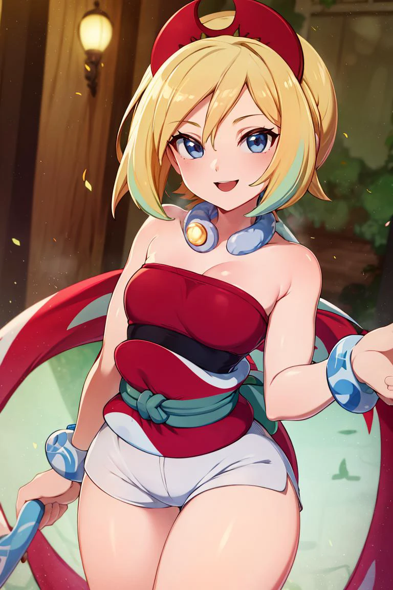 <lora:Merunyaa_Style_Dim32:0.8>, ((masterpiece,best quality)), absurdres, <lora:irida_(pokemon)_v1:0.7>, aairida, short hair, red hairband, neck ring, collar, strapless shirt, red shirt, bracelet, sash, waist cape, white shorts, bare legs, solo, smiling, looking at viewer, cowboy shot, ,