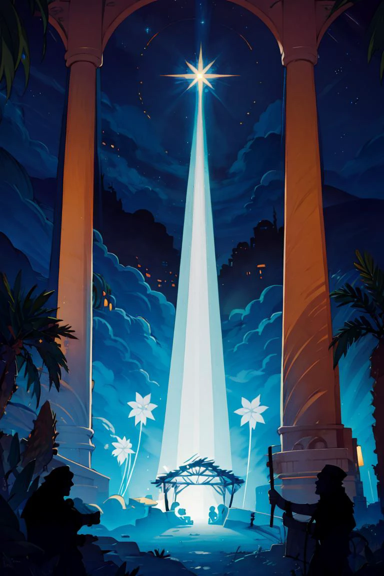 <lora:Merunyaa_Style_Dim32:0.8>, ((masterpiece,best quality)), <lora:Star_of_Bethlehem:0.8>, Star_of_Bethlehem, night sky, starry sky, glowing, outdoors, tree, building, blue theme, palm tree, silhouette