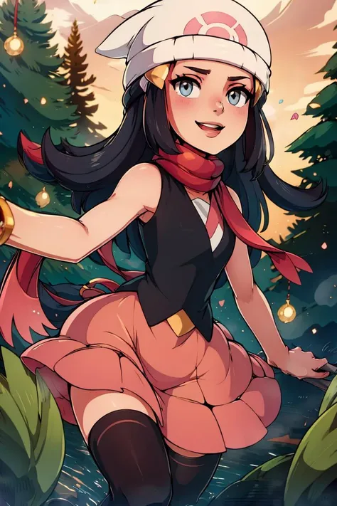 <lora:Merunyaa_Style_Dim32:0.8>,((masterpiece, best quality)), <lora:DawnLora:0.7>, dawn \(pokemon\), black shirt, sleeveless, red scarf, pink skirt, white headwear, beanie, smile, forest, pine tree,