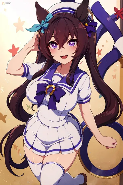 <lora:Merunyaa_Style_Dim32:0.8>, absurdres, highres, ultra detailed, smile,open mouth,standing, looking at viewer,tracen school uniform, summer uniform, serafuku, puffy short sleeves, bowtie, horseshoe ornament, sailor collar, sailor shirt, frills, white skirt, purple shirt, miniskirt, zettai ryouiki, white thighhighs, brown footwear, shoes,<lora:viblos_v1:0.65>,viblos \(umamusume\),twintails, brown hair, long hair, hat,large breasts, purple eyes, multicolored hair, ear ornament, hair ribbon,