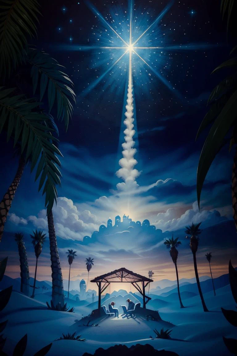 <lora:Merunyaa_Style_Dim32:0.8>, ((masterpiece,best quality)), <lora:Star_of_Bethlehem:0.8>, Star_of_Bethlehem, night sky, starry sky, glowing, outdoors, tree, building, blue theme, palm tree, silhouette
