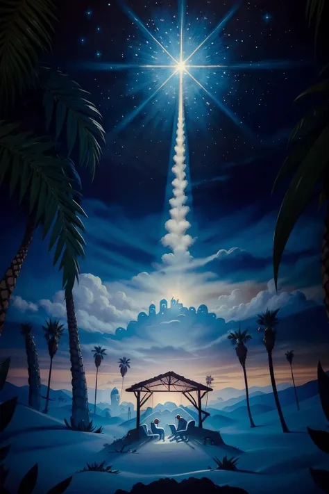 <lora:Merunyaa_Style_Dim32:0.8>, ((masterpiece,best quality)),  <lora:Star_of_Bethlehem:0.8>, Star_of_Bethlehem,  night sky, starry sky, glowing, outdoors, tree, building, blue theme, palm tree, silhouette