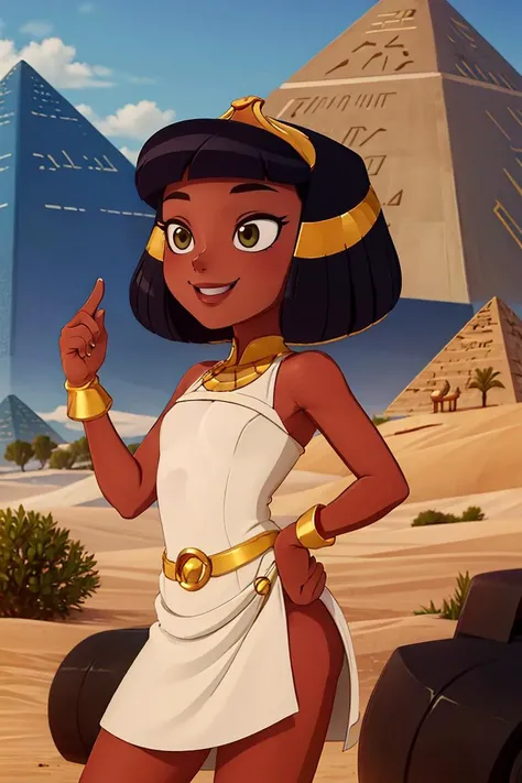 <lora:Merunyaa_Style_Dim32:0.8>,((masterpiece, best quality)),  <lora:CleopatraLora-10:0.7>, dark skin, Cleopatra, white dress, smile, tiara, desert, pyramid \(structure\),  contrapposto, side view,