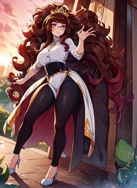 ((best quality)), ((highly detailed)), detailed face, beautiful face, , (1girl), (glasses), dynamic pose, full body, ((leggings)), princess, ((very long hair)), <lora:big_hair-1.0:1>, big hair, curly hair, light brown hair, large dress, (maxi skirt), tiara, (outside, at a palace, morning, sunrise, rain), <lora:Merunyaa_Style_Dim32:.8>