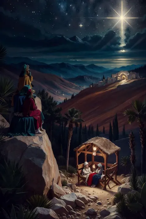 <lora:Merunyaa_Style_Dim32:0.8>, ((masterpiece,best quality)),  <lora:Star_of_Bethlehem:0.8>, Star_of_Bethlehem,  night sky, starry sky, multiple girls, hat, sitting, outdoors,  tree, mountain