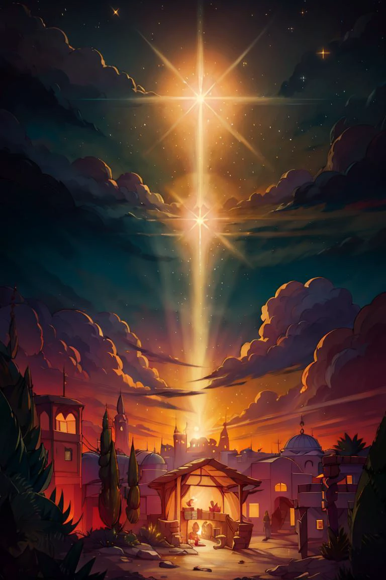 <lora:Merunyaa_Style_Dim32:0.8>, ((masterpiece,best quality)), <lora:Star_of_Bethlehem:0.8>, Star_of_Bethlehem, night sky, starry sky, glowing, small village